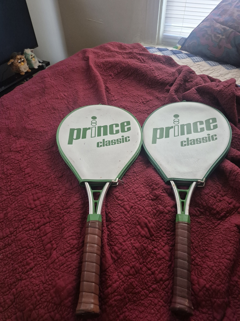 Prince Green and White Paddle Tennis Racket Pair with Brown Grips